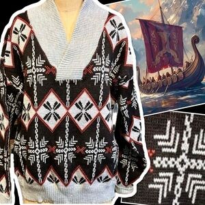 VINTAGE‎ Romanian diamond pattern knit sweater shawl v neck collar Viking Nordic